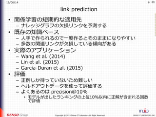16/06/14
DENSO IT LABORATORY, INC.Copyright @ 2015 Denso IT Laboratory All Right Reserved.
p. 89
link prediction
•  関係学習の短期的な適⽤先
–  ナレッジグラフの⽋損リンクを予測する
•  既存の知識ベース
–  ⼈⼿で作られるので⼀度作るとそのままになりやすい
–  多数の関連リンクが⽋損している傾向がある
•  実際のアプリケーション
–  Wang et al. (2014)
–  Lin et al. (2015)
–  Garcia-Duran et al. (2015)
•  評価
–  正例しか持っていないため難しい
–  ヘルドアウトデータを使って評価する
–  よくあるのは precision@10%
•  モデルが出したランキングの上位10％以内に正解が含まれる回数
で評価
 