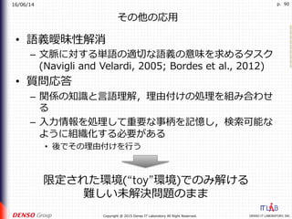 16/06/14
DENSO IT LABORATORY, INC.Copyright @ 2015 Denso IT Laboratory All Right Reserved.
p. 90
その他の応⽤
•  語義曖昧性解消
–  ⽂脈に対する単語の適切な語義の意味を求めるタスク
(Navigli and Velardi, 2005; Bordes et al., 2012)
•  質問応答
–  関係の知識と⾔語理解，理由付けの処理を組み合わせ
る
–  ⼊⼒情報を処理して重要な事柄を記憶し，検索可能な
ように組織化する必要がある
•  後でその理由付けを⾏う
限定された環境(“toy”環境)でのみ解ける
難しい未解決問題のまま
 