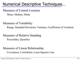 Copyright © 2005 Brooks/Cole, a division of Thomson Learning, Inc. 4.2
Numerical Descriptive Techniques…
Measures of Central Location
Mean, Median, Mode
Measures of Variability
Range, Standard Deviation, Variance, Coefficient of Variation
Measures of Relative Standing
Percentiles, Quartiles
Measures of Linear Relationship
Covariance, Correlation, Least Squares Line
 