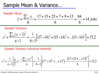 Copyright © 2005 Brooks/Cole, a division of Thomson Learning, Inc. 4.21
Sample Mean & Variance…
Sample Mean
Sample Variance
Sample Variance (shortcut method)
 
