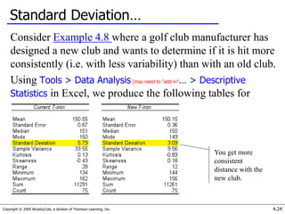 Copyright © 2005 Brooks/Cole, a division of Thomson Learning, Inc. 4.24
Standard Deviation…
Consider Example 4.8 where a golf club manufacturer has
designed a new club and wants to determine if it is hit more
consistently (i.e. with less variability) than with an old club.
Using Tools > Data Analysis [may need to “add in”… > Descriptive
Statistics in Excel, we produce the following tables for
interpretation…
You get more
consistent
distance with the
new club.
 