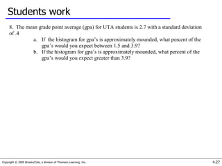Copyright © 2005 Brooks/Cole, a division of Thomson Learning, Inc. 4.27
Students work
8. The mean grade point average (gpa) for UTA students is 2.7 with a standard deviation
of .4
a. If the histogram for gpa’s is approximately mounded, what percent of the
gpa’s would you expect between 1.5 and 3.9?
b. If the histogram for gpa’s is approximately mounded, what percent of the
gpa’s would you expect greater than 3.9?
 