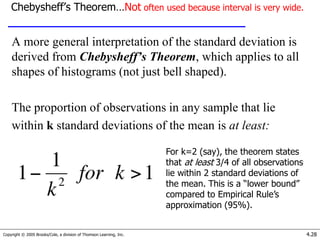 Copyright © 2005 Brooks/Cole, a division of Thomson Learning, Inc. 4.28
Chebysheff’s Theorem…Not often used because interval is very wide.
A more general interpretation of the standard deviation is
derived from Chebysheff’s Theorem, which applies to all
shapes of histograms (not just bell shaped).
The proportion of observations in any sample that lie
within k standard deviations of the mean is at least:
For k=2 (say), the theorem states
that at least 3/4 of all observations
lie within 2 standard deviations of
the mean. This is a “lower bound”
compared to Empirical Rule’s
approximation (95%).
 