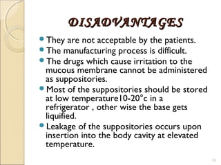 DISADVANTAGESDISADVANTAGES
They are not acceptable by the patients.
The manufacturing process is difficult.
The drugs which cause irritation to the
mucous membrane cannot be administered
as suppositories.
Most of the suppositories should be stored
at low temperature10-20°c in a
refrigerator , other wise the base gets
liquified.
Leakage of the suppositories occurs upon
insertion into the body cavity at elevated
temperature.
12
 