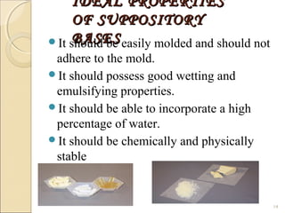 IDEAL PROPERTIESIDEAL PROPERTIES
OF SUPPOSITORYOF SUPPOSITORY
BASESBASESIt should be easily molded and should not
adhere to the mold.
It should possess good wetting and
emulsifying properties.
It should be able to incorporate a high
percentage of water.
It should be chemically and physically
stable
14
 