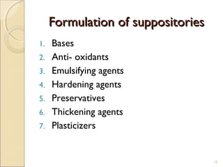 Formulation of suppositoriesFormulation of suppositories
1. Bases
2. Anti- oxidants
3. Emulsifying agents
4. Hardening agents
5. Preservatives
6. Thickening agents
7. Plasticizers
15
 