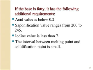 29
If the base is fatty, it has the followingIf the base is fatty, it has the following
additional requirements:additional requirements:
Acid value is below 0.2.
Saponification value ranges from 200 to
245.
Iodine value is less than 7.
The interval between melting point and
solidification point is small.
 