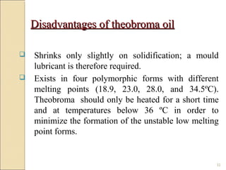32
Disadvantages of theobroma oilDisadvantages of theobroma oil
 Shrinks only slightly on solidification; a mould
lubricant is therefore required.
 Exists in four polymorphic forms with different
melting points (18.9, 23.0, 28.0, and 34.5ºC).
Theobroma should only be heated for a short time
and at temperatures below 36 ºC in order to
minimize the formation of the unstable low melting
point forms.
 