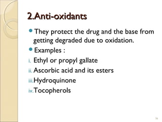 2.Anti-oxidants2.Anti-oxidants
They protect the drug and the base from
getting degraded due to oxidation.
Examples :
i. Ethyl or propyl gallate
ii. Ascorbic acid and its esters
iii.Hydroquinone
iv.Tocopherols
36
 