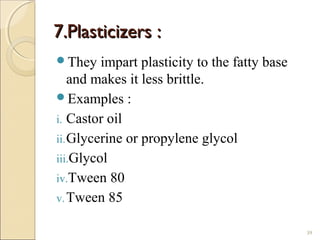 7.Plasticizers :7.Plasticizers :
They impart plasticity to the fatty base
and makes it less brittle.
Examples :
i. Castor oil
ii.Glycerine or propylene glycol
iii.Glycol
iv.Tween 80
v.Tween 85
39
 
