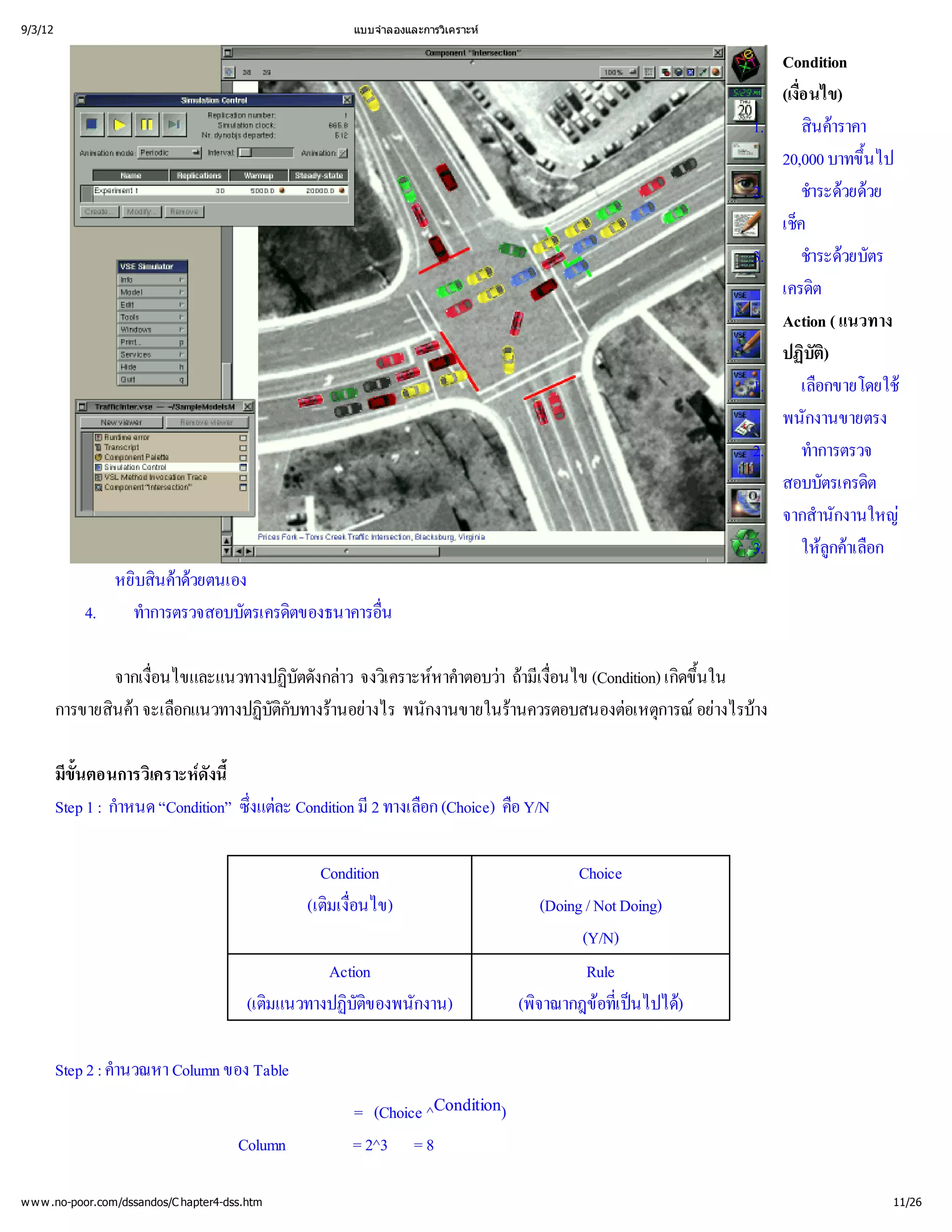 9/3/12                                                แบบจํ
                                                          าลองและการวิ
                                                                     เคราะห


                                                                                                             Condition
                                                                                                             (เงื
                                                                                                                อ นไข)
                                                                                                                ่
                                                                                                        1.       สิาราคา
                                                                                                                   นค
                                                                                                             20,000 บาทขึ นไป
                                                                                                                          ้
                                                                                                        2.       ชํ วยด
                                                                                                                   าระด วย
                                                                                                             เช็ค
                                                                                                        3.       ชํ วยบัตร
                                                                                                                   าระด
                                                                                                             เครดิ ต
                                                                                                             Action ( แนวทาง
                                                                                                             ปฏิิ บัต)
                                                                                                        1.       เลือกขายโดยใช
                                                                                                             พนักงานขายตรง
                                                                                                        2.       ทําการตรวจ
                                                                                                             สอบบัตรเครดิ ต
                                                                                                             จากสํ งานใหญ
                                                                                                                    านัก
                                                                                                        3.       ให าเลื
                                                                                                                     ลู อก
                                                                                                                      กค
               หยินคยตนเอง
                 บสิาด ว
            4.   ทํ
                  าการตรวจสอบบัตรเครดิ
                                     ตของธนาคารอื
                                                น
                                                ่

                จากเงื
                     อนไขและแนวทางปฏิ งกลจงวิ หาคํ า ถงื (Condition) เกิ ใน
                     ่               บัตดั าว เ คราะห าตอบวามีนไข
                                                                เ่อ            ดขึ
                                                                                 น
                                                                                 ้
         การขายสิา จะเลื
                นค อกแนวทางปฏิ ับทางร างไร พนักงานขายในร
                                 บัติ านอย
                                    ก                        านควรตอบสนองต การณางไรบ
                                                                          อเหตุ อย าง

         มีตอนการวิ ดังนี
          ขั้
            น         เคราะห ้
         Step 1 : กํ “Condition” ซึ ละ Condition มี อก (Choice) คื
                   าหนด           งแต
                                  ่               2 ทางเลื       อ Y/N

                                                   Condition                            Choice
                                                 (เติ่
                                                    มเงื
                                                       อนไข)                      (Doing / Not Doing)
                                                                                        (Y/N)
                                                    Action                               Rule
                                          (เติ
                                             มแนวทางปฏิ องพนักงาน)
                                                      บัติ
                                                         ข                     (พิ
                                                                                 จาณากฎขป )
                                                                                           อที ไปได
                                                                                              เ น
                                                                                              ่

         Step 2 : คํ Column ของ Table
                   านวณหา
                                                      = (Choice ^Condition)
                                        Column        = 2^3 = 8

w w w .no-poor.com/dssandos/C hapter4-dss.htm                                                                              11/26
 