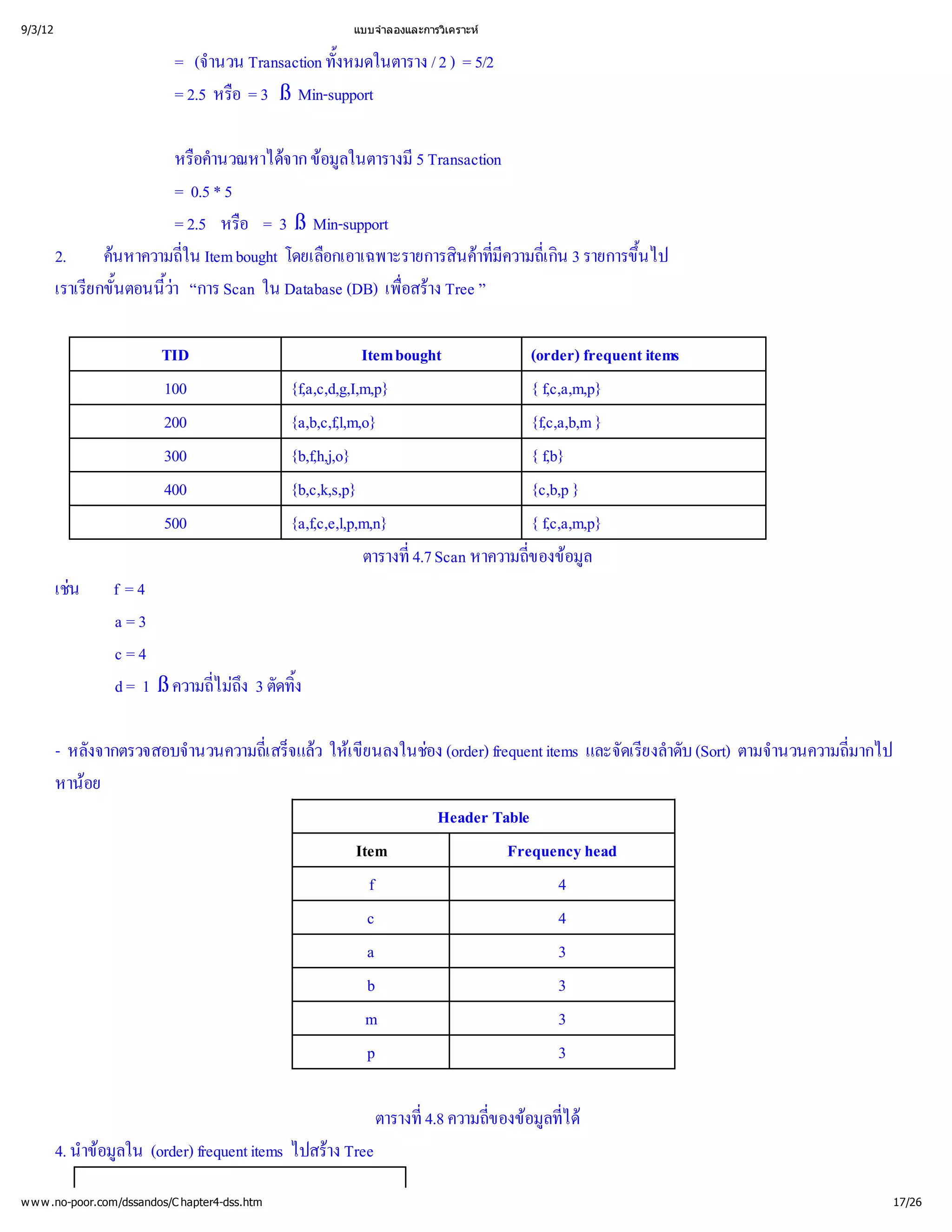 9/3/12                                                  แบบจํ
                                                            าลองและการวิ
                                                                       เคราะห


                            = (จํ Transaction ทั้
                                 านวน           งหมดในตาราง / 2 ) = 5/2
                            = 2.5 หรื 3 ß Min-support
                                    อ=

                        หรืนวณหาได ข ในตารางมี
                           อคํ
                             า        จาก อมูล         5 Transaction
                        = 0.5 * 5
                        = 2.5 หรื= 3 ß Min-support
                                  อ
         2.     ค
                 นหาความถีItem bought โดยเลื
                          ใน
                          ่                อกเอาเฉพาะรายการสิาที ่ 3 รายการขึ
                                                             นค ี เ กิ
                                                                   มความถี
                                                                   ่      น นไป
                                                                            ้
         เราเรี ้ ้ “การ Scan ใน Database (DB) เพื าง Tree ”
              ยกขันตอนนี
                       ว
                        า                            อสร
                                                     ่

                          TID                                Item bought         (order) frequent items
                          100                   {f,a,c,d,g,I,m,p}                { f,c,a,m,p}
                          200                   {a,b,c,f,l,m,o}                  {f,c,a,b,m }
                          300                   {b,f,h,j,o}                      { f,b}
                          400                   {b,c,k,s,p}                      {c,b,p }
                          500                   {a,f,c,e,l,p,m,n}                { f,c,a,m,p}
                                                             ตารางที Scan หาความถี อมู
                                                                    ่
                                                                    4.7          ของข
                                                                                 ่ ล
         เช f = 4
           น
             a=3
             c=4
             d = 1 ß ความถี ึ ตัดทิ
                          ไม
                          ่ง 3 ้
                            ถ     ง

         - หลังจากตรวจสอบจํ
                          านวนความถีจแล เ ขี
                                   เ สร็
                                   ่ ว ใหนลงในช(order) frequent items และจัดเรี าดับ (Sort) ตามจํ
                                            ย   อง                              ยงลํ              านวนความถี
                                                                                                           มากไป
                                                                                                           ่
         หานอย
                                                 Header Table
                                           Item             Frequency head
                                             f                       4
                                             c                       4
                                             a                       3
                                             b                       3
                                             m                       3
                                             p                       3

                                                           ตารางที ความถี อมู ด
                                                                 ่
                                                                 4.8    ของข ่
                                                                        ่ ลที ไ
         4. นํ มู (order) frequent items ไปสร
             าข ใน
               อล                            าง Tree

w w w .no-poor.com/dssandos/C hapter4-dss.htm                                                                      17/26
 