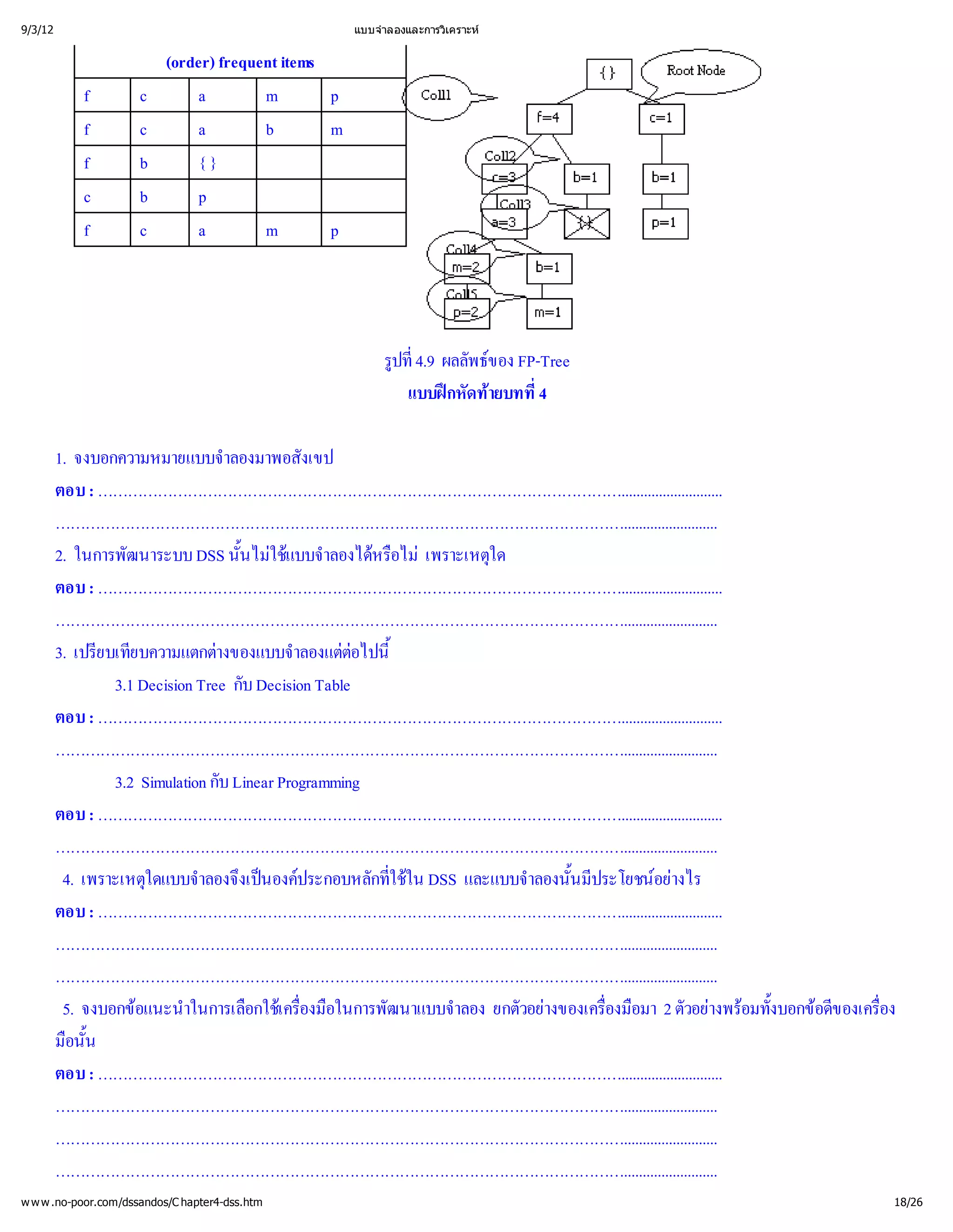 9/3/12                                                แบบจํ
                                                          าลองและการวิ
                                                                     เคราะห


                           (order) frequent items
            f         c         a        m        p
            f         c         a        b        m
            f         b         {}
            c         b         p
            f         c         a        m        p




                                                          รู่ ผลลัพธ FP-Tree
                                                           ปที4.9     ของ
                                                             แบบฝดท ่
                                                                  กหั ายบทที
                                                                           4

         1. จงบอกความหมายแบบจํ     าลองมาพอสังเขป
         ตอบ : ……………………………………………………………………………………………...........................
         …………………………………………………………………………………………………….........................
         2. ในการพัฒนาระบบ DSS นั้ ใช าลองได ไม
                                      นไม บบจํ หรื เพราะเหตุ
                                             แ             อ        ใด
         ตอบ : ……………………………………………………………………………………………...........................
         …………………………………………………………………………………………………….........................
         3. เปรี ยบความแตกต
                ยบเที             างของแบบจํ ต ้
                                              าลองแต  อไปนี
                  3.1 Decision Tree กับ Decision Table
         ตอบ : ……………………………………………………………………………………………...........................
         …………………………………………………………………………………………………….........................
                  3.2 Simulation กับ Linear Programming
         ตอบ : ……………………………………………………………………………………………...........................
         …………………………………………………………………………………………………….........................
          4. เพราะเหตุ าลองจึนองค
                       ใดแบบจํ งเป ประกอบหลักทีน DSS และแบบจํ ้ประโยชนงไร
                                                           ใช
                                                           ่ ใ         าลองนันมี      อย
                                                                                        า
         ตอบ : ……………………………………………………………………………………………...........................
         …………………………………………………………………………………………………….........................
         …………………………………………………………………………………………………….........................
          5. จงบอกข าในการเลื เ ครื อในการพัฒนาแบบจํ ยกตัวอย
                     อแนะนํ            อกใช่  องมื            าลอง      างของเครื อมา 2 ตัวอย อมทั้ อดี ่
                                                                                 องมื
                                                                                 ่            างพร งบอกข องเครื
                                                                                                          ข     อง
         มื้
           อนัน
         ตอบ : ……………………………………………………………………………………………...........................
         …………………………………………………………………………………………………….........................
         …………………………………………………………………………………………………….........................
         …………………………………………………………………………………………………….........................
w w w .no-poor.com/dssandos/C hapter4-dss.htm                                                                   18/26
 