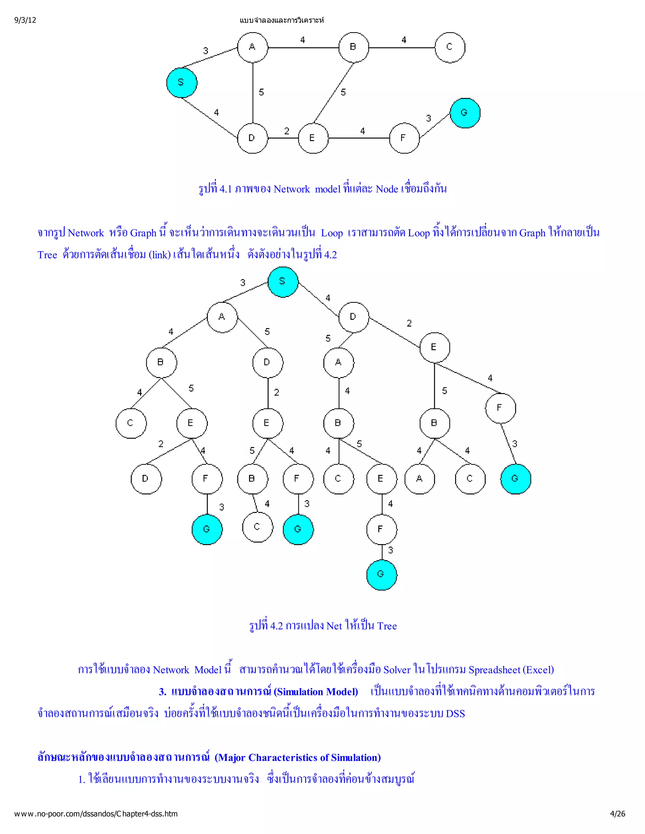9/3/12                                                 แบบจํ
                                                           าลองและการวิ
                                                                      เคราะห




                                                รู่ ภาพของ Network model ที ะ Node เชื งกัน
                                                 ปที
                                                   4.1                    แต
                                                                          ่ ล        อมถึ
                                                                                     ่

         จากรู
             ป Network หรื นี นว นทางจะเดิ น Loop เราสามารถตัด Loop ทิ การเปลี Graph ให น
                         อ Graph ้ าการเดิ
                                 จะเห็          นวนเป                งได ่
                                                                      ้       ยนจาก     กลายเป
         Tree ด ดเส ่(link) เส นหนึ งตังอย ปที
               วยการตั นเชือม       นใดเส ่
                                           ง ดั างในรู่4.2




                                                         รู่ การแปลง Net ให Tree
                                                          ปที
                                                            4.2            เ ป
                                                                              น

                การใช าลอง Network Model นี
                     แบบจํ                 ้
                                           สามารถคํ โดยใช่ อ Solver ในโปรแกรม Spreadsheet (Excel)
                                                  านวณได เ ครื    องมื
                             3. แบบจํ
                                    าลองสถานการณ(Simulation Model) เป าลองทีทคนิ านคอมพิ ในการ
                                                                      นแบบจํ ่ คทางด วเตอร
                                                                                 ใช
                                                                                   เ
         จํ
          าลองสถานการณ อนจริ อยครั้ ช าลองชนิ้ เครื อในการทํ
                      เ สมื ง บ งที บบจํ ดนี ่
                                      ใแ
                                      ่              เ ป องมื
                                                        น             างานของระบบ DSS

         ลักษณะหลักของแบบจํ
                          าลองสถานการณ Characteristics of Simulation)
                                        (Major
                1. ใชนแบบการทํ
                     เ ลี
                        ย      างานของระบบงานจริ ่นการจํ ่ างสมบู
                                               ง ซึ
                                                  งเป าลองที ค
                                                               อนข รณ

w w w .no-poor.com/dssandos/C hapter4-dss.htm                                                        4/26
 