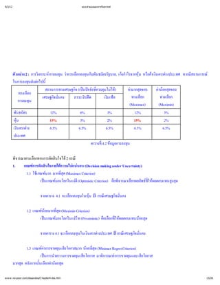 9/3/12                                          แบบจํ
                                                    าลองและการวิ
                                                               เคราะห




         ตัวอย : การวิ การลงทุ าควรเลื นกับพันธบัตรรัฐบาล, เก็ไรจากหุ อค ตราต
               าง 2      เ คราะห น ว อกลงทุ                          งกํ  าเงิ างประเทศ หากมี
                                                                         า      น หรื น           สถานการณ
         ในการลงทุงต ้
                    นดั อไปนี
                               สถานการทางเศรษฐกิ นป ที มไม
                                               จ (เปจจัย ่
                                                          ควบคุ ได ค ดของ
                                                                     )     ามากสุ     ค ยสุ
                                                                                        าน ดของ
                                                                                          อ
             ทางเลือก
                             เศรษฐกิ คง
                                    จมั่
                                       น      ภาวะเงิด
                                                     นฝ      เงิ อ
                                                                 นเฟ       ทางเลื
                                                                                 อก      ทางเลื
                                                                                              อก
             การลงทุน
                                                                           (Maximax)    (Maximin)
         พันธบัตร                 12%              6%            3%           12%          3%
         หุ น
                                15%               3%            2%          15%           2%
         เงิ าง
            นตราต               6.5%             6.5%          6.5%         6.5%         6.5%
         ประเทศ
                                                       ตารางที ข การลงทุ
                                                             ่ อมู น
                                                             4.2 ล

         พิจารณาทางเลือกของการตัดสิ 2 กรณี
                                  นใจได
         1.    เกณฑ ดสิ
                     การตั นใจภายใต แน (Decision making under Uncertainty)
                                    ความไมนอน
                 1.1 ใช มาก มากที(Maximax Criterion)
                       เ กณฑ        สุ
                                     ่ด
                          เป มองโลกในแง
                            นเกณฑ         ดี
                                            (Optimistic Criterion) คืจารณาเลื พธ ผลตอบแทนสู
                                                                    อพิ อกผลลั ที
                                                                                ให
                                                                                ่          งสุ
                                                                                             ด

                            จากตาราง 4.1 จะเลื นในหุ กรณี จมั่
                                             อกลงทุ 
                                                    น ß เ ศรษฐกิ คง
                                                                น

                 1.2 เกณฑยมากที(Maximin Criterion)
                          น ่
                           อ    สุ
                                 ด
                         เป มองโลกในแง (Pessimistic) คือกที ลตอบแทนน ด
                           นเกณฑ       ร
                                         าย             อเลื ่
                                                             ให
                                                               ผ      อยสุ

                            จากตาราง 4.1 จะเลื นในเงิ างประเทศ ß กรณี จมั่
                                             อกลงทุ นตราต          เ ศรษฐกิ คง
                                                                            น

                1.3 เกณฑค
                          าการขาดทุ ยโอกาสมาก น ่(Minimax Regret Criterion)
                                  นเสี         อยที
                                                  สุ
                                                   ด
                        เป าตารางการขาดทุ ยโอกาส มาพิ าการขาดทุ ยโอกาส
                          นการนํ           นเสี      จารณาค           นและเสี
         มากสุ งจากนั้ อกค ยสุ
             ด หลั     นเลื าน ด
                                อ

w w w .no-poor.com/dssandos/C hapter4-dss.htm                                                          13/26
 