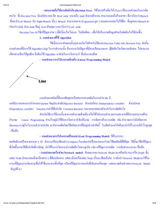 9/3/12                                           แบบจํ
                                                     าลองและการวิ
                                                                เคราะห


                                      - แผนภาพต การตัดสิ (Decision Tree) ใช างต (Tree) เป าลองในการตัด
                                                  นไม นใจ                         โครงสรนไม      นแบบจํ
         สนใจ ซึ ง Decision Tree มี ประกอบ คื node หมายถึ ตัวแรกด สามารถแตกกินสาขา ที ยกว
                 ่                องค           อ Root               ง node    านบน           งก
                                                                                               ่ า     เ ราเรี
                                                                                                       ่ า Branch
          ซึ Left Branch กับ Right Branch ทั้ Branch สามารถขยาย (Expansion) ลู ของตนเองออกไปได ซึ ของ Branch จะ
           งจะมี
           ่                                    ง2                                กๆ               อี ่
                                                                                                    ก งลู ก
         เรี า Child สnode ที level ท ด เราจะเรี า Leaf node
           ยกว       วน         อยู ายสุ
                                 ่                      ยกว
                 Decision Tree จะใช  าย ๆ ที่ มาก ไมซ เพื เ ห็ อมู หรับตัดสิ ง ้
                                    แกหาง ่อนไขไม ซับ อน ่ นภาพข สํ
                                       ปญ            มี
                                                      เ งื                       อให         ลา      นใจได น
                                                                                                             ายขึ
                                   2. แบบจํ ่
                                           าลองที  ใชAlgorithm
                                            ใชการหาคํ ้ นไปสํ บวิ Decision Table และ Decision Tree ดังนั้
                                              เ มื าตอบนันยุ
                                                 อ
                                                 ่                  งยากเกิ าหรั ธี แบบ                             น
         แบบจํ ่ Algorithm (Alg) ในการทํ ้งเหมาะกับป ่างเลื
              าลองทีมี
                     การใช                        างานนัน จึ            ญหาที อกมากมาย ผู นใจเกิ บสน ไม
                                                                             มี
                                                                              ท            ตัดสิ ดความสั
                                                                                                               สามารถ
         เลื อกได อง จึ งใช
           อกทางเลื ถู งต Algorithm มาช
                         กต อ                        วยในการวิ ซึ
                                                                เ คราะห ประกอบด
                                                                          ง
                                                                          ่      วย
                                   - แบบจํ การโปรแกรมเชิน (Linear Programming Model)
                                          าลอง                 งเส




                                   แบบลํ ดนี ยสู อสมการทางคณิ านวณ มี
                                         าลองชนิ้  ต ตรหรื
                                                    องอาศั                     ตในการคํ
         องค ประกอบของการกํ Function วัตถุ (Objective function) ตัวแปรอิ (Independence variable) ตัวแปรตาม
                             าหนด               ประสงค                          สระ
         (Dependence variable) Function ภายใต ากัด Constrain function) และขอบเขตของตัวแปรในการตัดสิ
                                                ข
                                                 อจํ                                                นใจ
                                   สํ บวิ งานนั้
                                     าหรั ธี การใช นสามารถคํ วยมื อใช
                                                                านวณด อ หรื โปรแกรมอํ     านวยความสะดวกที  มี
                                                                                                            ่ความสามารถดาน
         คํ
          านวณ Linear Programming ส มักใช เ คราะหปริ การจัดการด
                                          วนใหญ กับการวิ เ ชิ มาณ   ง                  านงานผลิเชานวณหาว รัพยากร
                                                                                                ต น คํ           ามี
                                                                                                                   ท
         (Resource) อยู
                      ในโรงงานจํ ากัด จะทํ ตโดยใช ยากรที งจํนี ดส าใดจึ าให กํ งสุ
                                านวนจํ าการผลิ ทรัพ                   มี า
                                                                       ่ อยากัด ้ วนเท งจะทํ โรงงานมี ด
                                                                        อยู           ในสั                             าไรสู
          เปนนต
                                   - แบบจํ าลองการโปรแกรมเป (Goal Programming Model) ใช
                                                             าหมาย                             ในการหา
         ผลลัพธ าหมายหลาย ๆ ค าการเปรี ยบค
                 จากเป              า ทํ ยบเที า (Compare) ในแต าเป   ละคาหมายจนกว ผลลัพธ ี วิี แกหา
                                                                                          าจะได ที ุ ธีะใช 
                                                                                                      ดี
                                                                                                      ่ ด น้ ปญ
                                                                                                        ท่ จ
                                                                                                          ส
         ทีขึ ขกัดที อยูกใช เ คราะห ดสิ
           เ กิ ภายใต า ่  ในการวิ การตั นใจทางธุ เช ป
           ่้ ดน        อจํ เ รามี มั                                     รกิ น แกหาการผลิการจัดสรรแรงงาน เปน
                                                                            จ         ญ        ต                     นต
                                   - แบบจํ อ ข
                                          าลองเครืาย (Network model) ลักษณะของ Network Model จะคลบ Net หรื ซึ
                                                                                                     ายกั         อ Graph ่ง
         แตNode มักจะแทนด องต ที นทาง แต องหรื ละ Node นั้ ่ งกัน เรามักนํ
             ละ                วยเมื าง ๆ ่   ต
                                               องเดิ       ละเมื อแต             นจะเชื
                                                                                       อมถึ          า Network Model มาใชใน
         การแกหาการเดิ ่ ใช
                ป
                 ญ        นทางเพื ระยะทางสั้่ หรื ป
                                 อให             นที อแกหาการขนสดิ อยสุแสดงภาพตัวอย Network Model
                                                     สุ
                                                      ด        ญ           งที ทางน ด
                                                                              เ น
                                                                              ่                          างของ
          ดังรู่
               ปที4.1




w w w .no-poor.com/dssandos/C hapter4-dss.htm                                                                             3/26
 