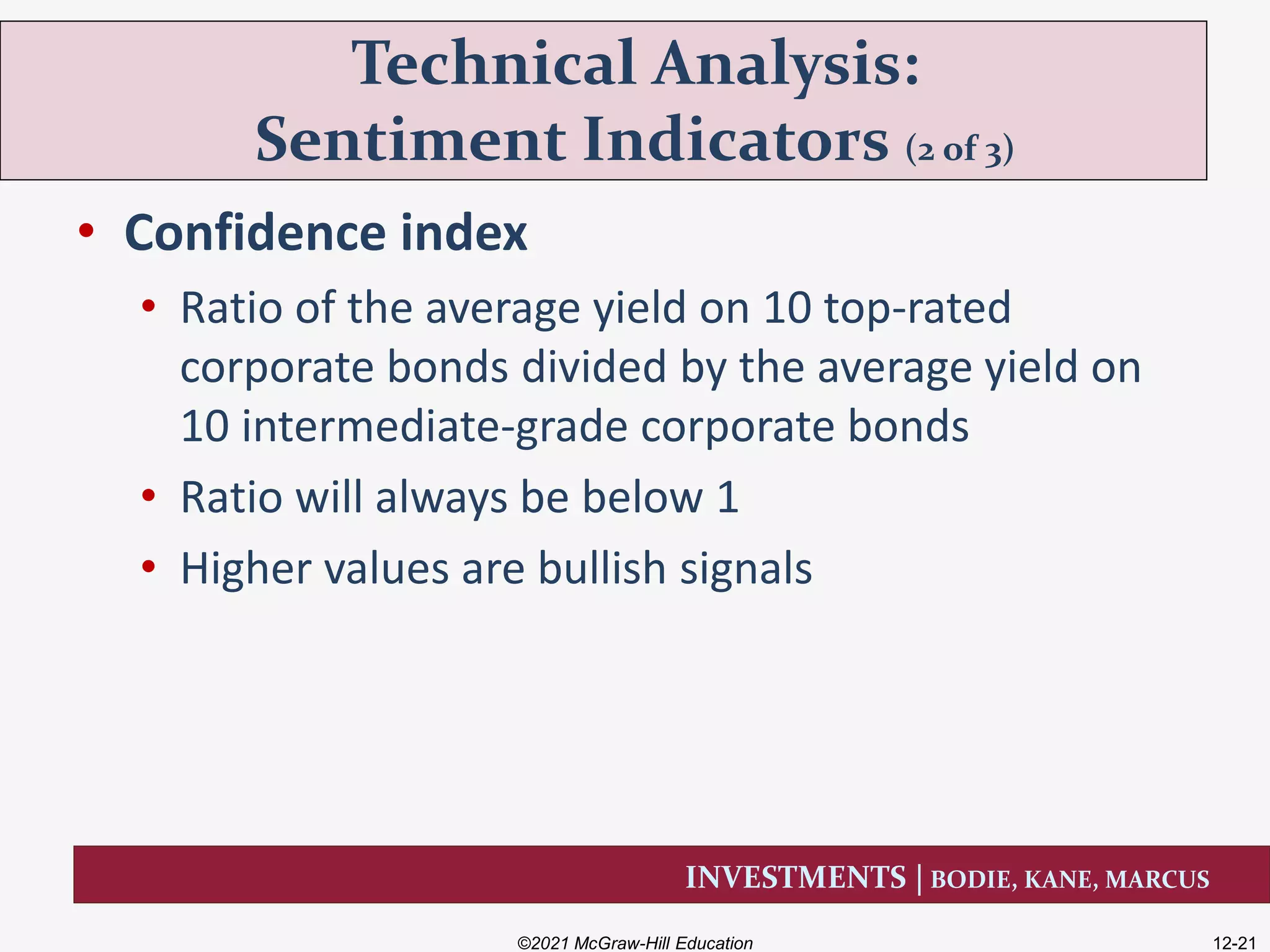 INVESTMENTS | BODIE, KANE, MARCUS
• Confidence index
• Ratio of the average yield on 10 top-rated
corporate bonds divided by the average yield on
10 intermediate-grade corporate bonds
• Ratio will always be below 1
• Higher values are bullish signals
Technical Analysis:
Sentiment Indicators (2 of 3)
©2021 McGraw-Hill Education 12-21
 