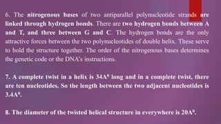 6. The nitrogenous bases of two antiparallel polynucleotide strands are
linked through hydrogen bonds. There are two hydrogen bonds between A
and T, and three between G and C. The hydrogen bonds are the only
attractive forces between the two polynucleotides of double helix. These serve
to hold the structure together. The order of the nitrogenous bases determines
the genetic code or the DNA’s instructions.
7. A complete twist in a helix is 34A0 long and in a complete twist, there
are ten nucleotides. So the length between the two adjacent nucleotides is
3.4A0.
8. The diameter of the twisted helical structure in everywhere is 20A0.
 
