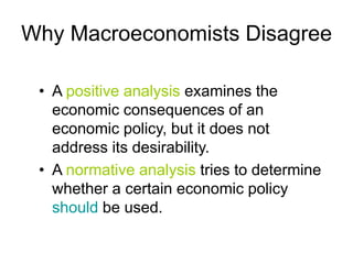 Why Macroeconomists Disagree
• A positive analysis examines the
economic consequences of an
economic policy, but it does not
address its desirability.
• A normative analysis tries to determine
whether a certain economic policy
should be used.
 