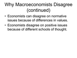 Why Macroeconomists Disagree
(continued)
• Economists can disagree on normative
issues because of differences in values.
• Economists disagree on positive issues
because of different schools of thought.
 