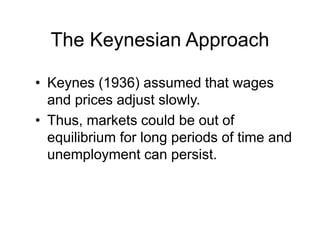 The Keynesian Approach
• Keynes (1936) assumed that wages
and prices adjust slowly.
• Thus, markets could be out of
equilibrium for long periods of time and
unemployment can persist.
 