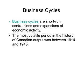 Business Cycles
• Business cycles are short-run
contractions and expansions of
economic activity.
• The most volatile period in the history
of Canadian output was between 1914
and 1945.
 