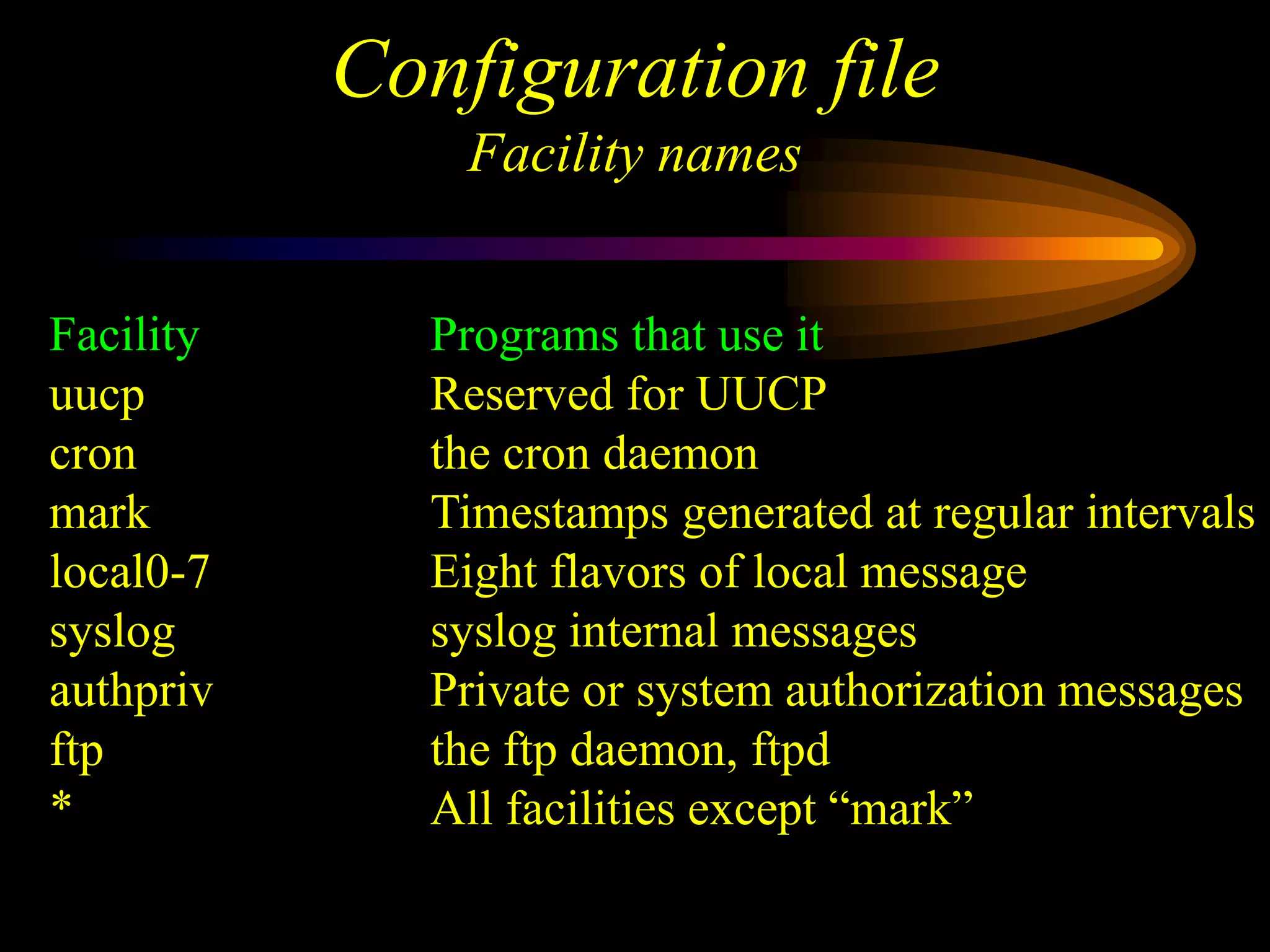 Configuration file
Facility names
Facility Programs that use it
uucp Reserved for UUCP
cron the cron daemon
mark Timestamps generated at regular intervals
local0-7 Eight flavors of local message
syslog syslog internal messages
authpriv Private or system authorization messages
ftp the ftp daemon, ftpd
* All facilities except “mark”
 