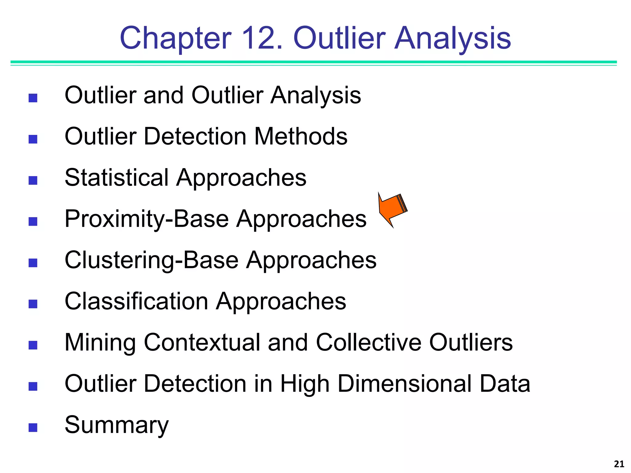 21
Chapter 12. Outlier Analysis
 Outlier and Outlier Analysis
 Outlier Detection Methods
 Statistical Approaches
 Proximity-Base Approaches
 Clustering-Base Approaches
 Classification Approaches
 Mining Contextual and Collective Outliers
 Outlier Detection in High Dimensional Data
 Summary
 