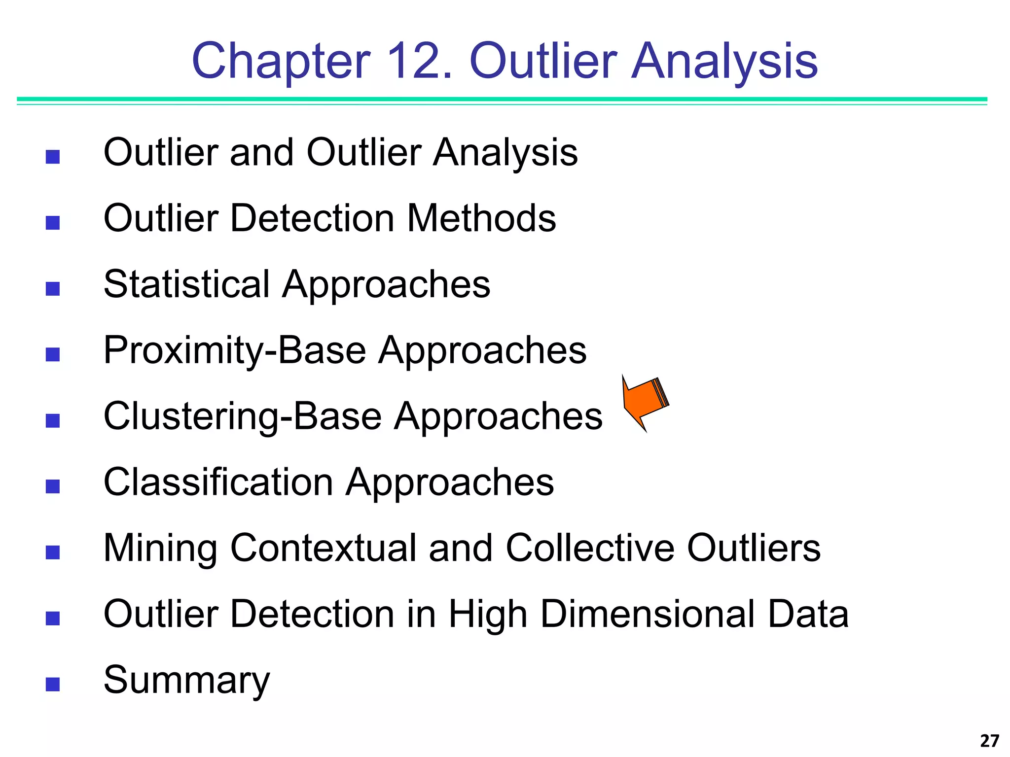 27
Chapter 12. Outlier Analysis
 Outlier and Outlier Analysis
 Outlier Detection Methods
 Statistical Approaches
 Proximity-Base Approaches
 Clustering-Base Approaches
 Classification Approaches
 Mining Contextual and Collective Outliers
 Outlier Detection in High Dimensional Data
 Summary
 