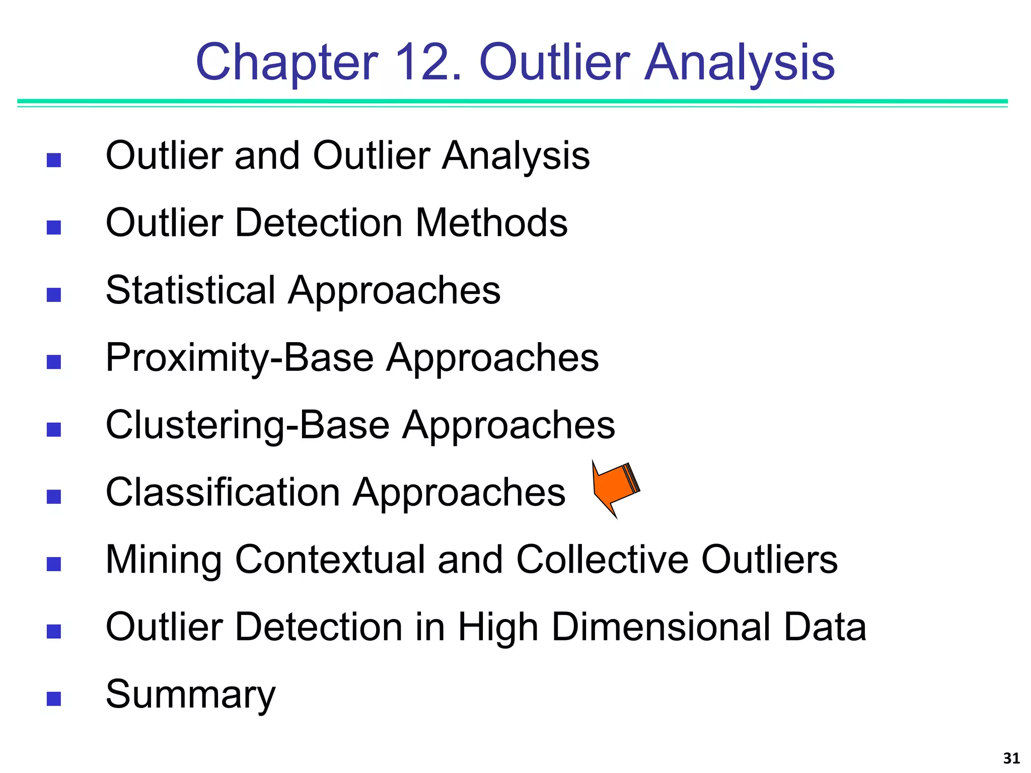 31
Chapter 12. Outlier Analysis
 Outlier and Outlier Analysis
 Outlier Detection Methods
 Statistical Approaches
 Proximity-Base Approaches
 Clustering-Base Approaches
 Classification Approaches
 Mining Contextual and Collective Outliers
 Outlier Detection in High Dimensional Data
 Summary
 