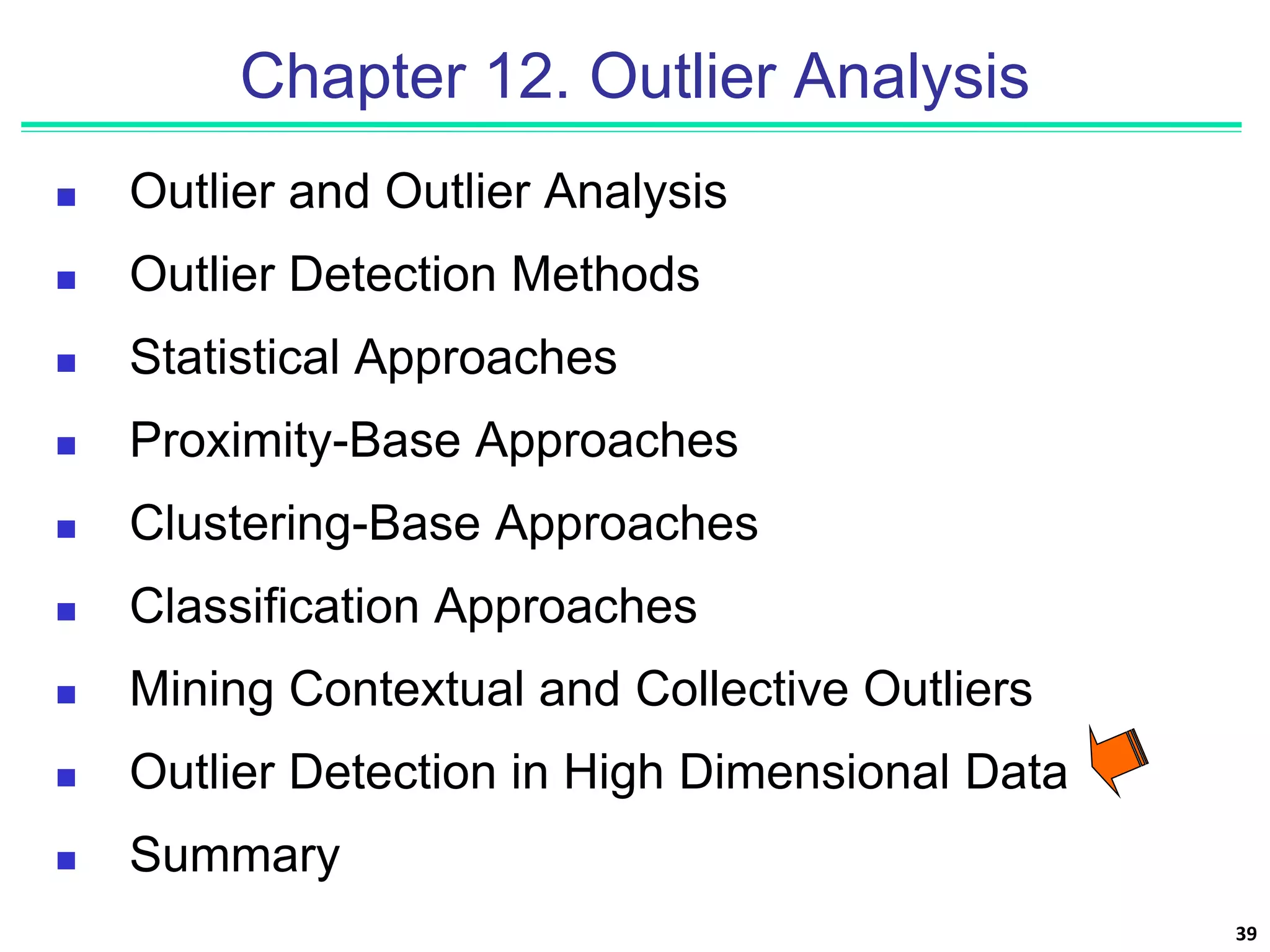 39
Chapter 12. Outlier Analysis
 Outlier and Outlier Analysis
 Outlier Detection Methods
 Statistical Approaches
 Proximity-Base Approaches
 Clustering-Base Approaches
 Classification Approaches
 Mining Contextual and Collective Outliers
 Outlier Detection in High Dimensional Data
 Summary
 