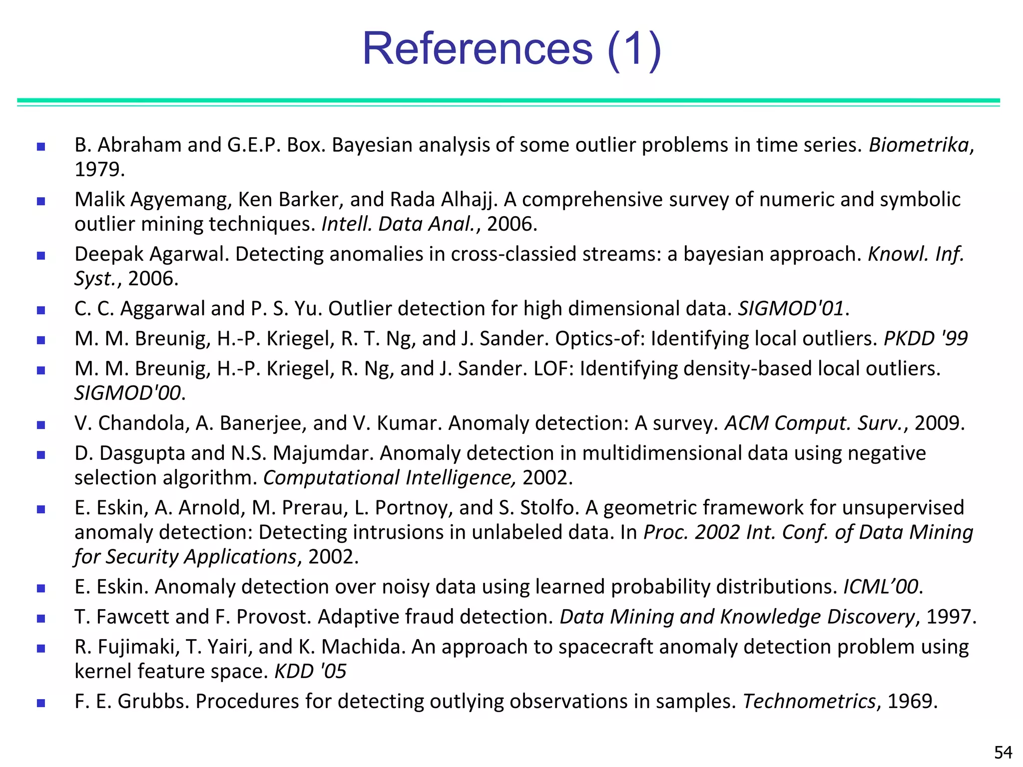 54
References (1)
 B. Abraham and G.E.P. Box. Bayesian analysis of some outlier problems in time series. Biometrika,
1979.
 Malik Agyemang, Ken Barker, and Rada Alhajj. A comprehensive survey of numeric and symbolic
outlier mining techniques. Intell. Data Anal., 2006.
 Deepak Agarwal. Detecting anomalies in cross-classied streams: a bayesian approach. Knowl. Inf.
Syst., 2006.
 C. C. Aggarwal and P. S. Yu. Outlier detection for high dimensional data. SIGMOD'01.
 M. M. Breunig, H.-P. Kriegel, R. T. Ng, and J. Sander. Optics-of: Identifying local outliers. PKDD '99
 M. M. Breunig, H.-P. Kriegel, R. Ng, and J. Sander. LOF: Identifying density-based local outliers.
SIGMOD'00.
 V. Chandola, A. Banerjee, and V. Kumar. Anomaly detection: A survey. ACM Comput. Surv., 2009.
 D. Dasgupta and N.S. Majumdar. Anomaly detection in multidimensional data using negative
selection algorithm. Computational Intelligence, 2002.
 E. Eskin, A. Arnold, M. Prerau, L. Portnoy, and S. Stolfo. A geometric framework for unsupervised
anomaly detection: Detecting intrusions in unlabeled data. In Proc. 2002 Int. Conf. of Data Mining
for Security Applications, 2002.
 E. Eskin. Anomaly detection over noisy data using learned probability distributions. ICML’00.
 T. Fawcett and F. Provost. Adaptive fraud detection. Data Mining and Knowledge Discovery, 1997.
 R. Fujimaki, T. Yairi, and K. Machida. An approach to spacecraft anomaly detection problem using
kernel feature space. KDD '05
 F. E. Grubbs. Procedures for detecting outlying observations in samples. Technometrics, 1969.
 