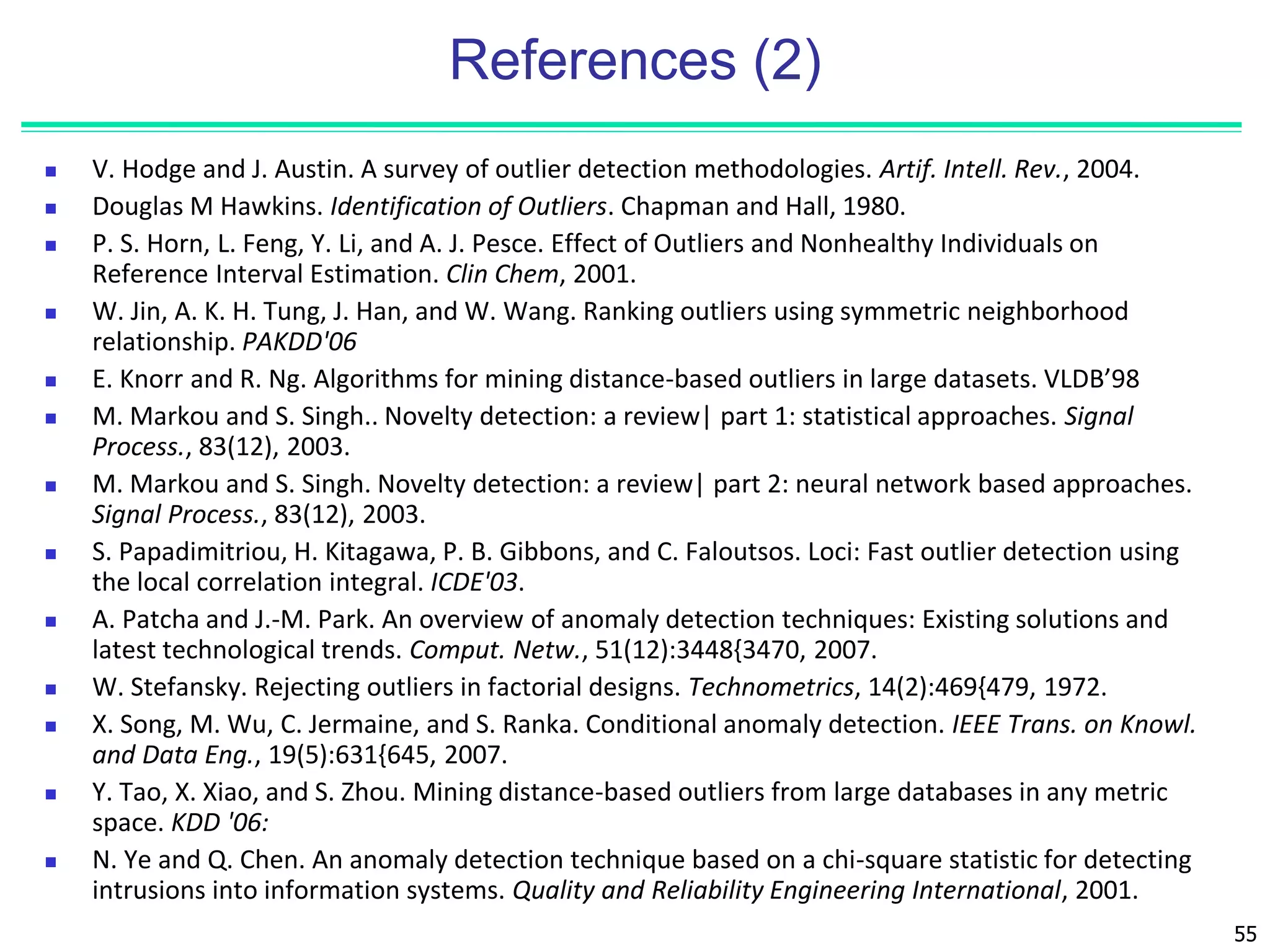 55
References (2)
 V. Hodge and J. Austin. A survey of outlier detection methodologies. Artif. Intell. Rev., 2004.
 Douglas M Hawkins. Identification of Outliers. Chapman and Hall, 1980.
 P. S. Horn, L. Feng, Y. Li, and A. J. Pesce. Effect of Outliers and Nonhealthy Individuals on
Reference Interval Estimation. Clin Chem, 2001.
 W. Jin, A. K. H. Tung, J. Han, and W. Wang. Ranking outliers using symmetric neighborhood
relationship. PAKDD'06
 E. Knorr and R. Ng. Algorithms for mining distance-based outliers in large datasets. VLDB’98
 M. Markou and S. Singh.. Novelty detection: a review| part 1: statistical approaches. Signal
Process., 83(12), 2003.
 M. Markou and S. Singh. Novelty detection: a review| part 2: neural network based approaches.
Signal Process., 83(12), 2003.
 S. Papadimitriou, H. Kitagawa, P. B. Gibbons, and C. Faloutsos. Loci: Fast outlier detection using
the local correlation integral. ICDE'03.
 A. Patcha and J.-M. Park. An overview of anomaly detection techniques: Existing solutions and
latest technological trends. Comput. Netw., 51(12):3448{3470, 2007.
 W. Stefansky. Rejecting outliers in factorial designs. Technometrics, 14(2):469{479, 1972.
 X. Song, M. Wu, C. Jermaine, and S. Ranka. Conditional anomaly detection. IEEE Trans. on Knowl.
and Data Eng., 19(5):631{645, 2007.
 Y. Tao, X. Xiao, and S. Zhou. Mining distance-based outliers from large databases in any metric
space. KDD '06:
 N. Ye and Q. Chen. An anomaly detection technique based on a chi-square statistic for detecting
intrusions into information systems. Quality and Reliability Engineering International, 2001.
 
