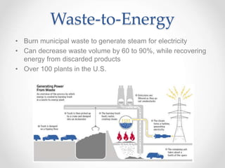 Waste-to-Energy
• Burn municipal waste to generate steam for electricity
• Can decrease waste volume by 60 to 90%, while recovering
energy from discarded products
• Over 100 plants in the U.S.
 