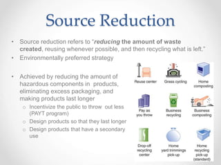 Source Reduction
• Source reduction refers to “reducing the amount of waste
created, reusing whenever possible, and then recycling what is left.”
• Environmentally preferred strategy
• Achieved by reducing the amount of
hazardous components in products,
eliminating excess packaging, and
making products last longer
o Incentivize the public to throw out less
(PAYT program)
o Design products so that they last longer
o Design products that have a secondary
use
 