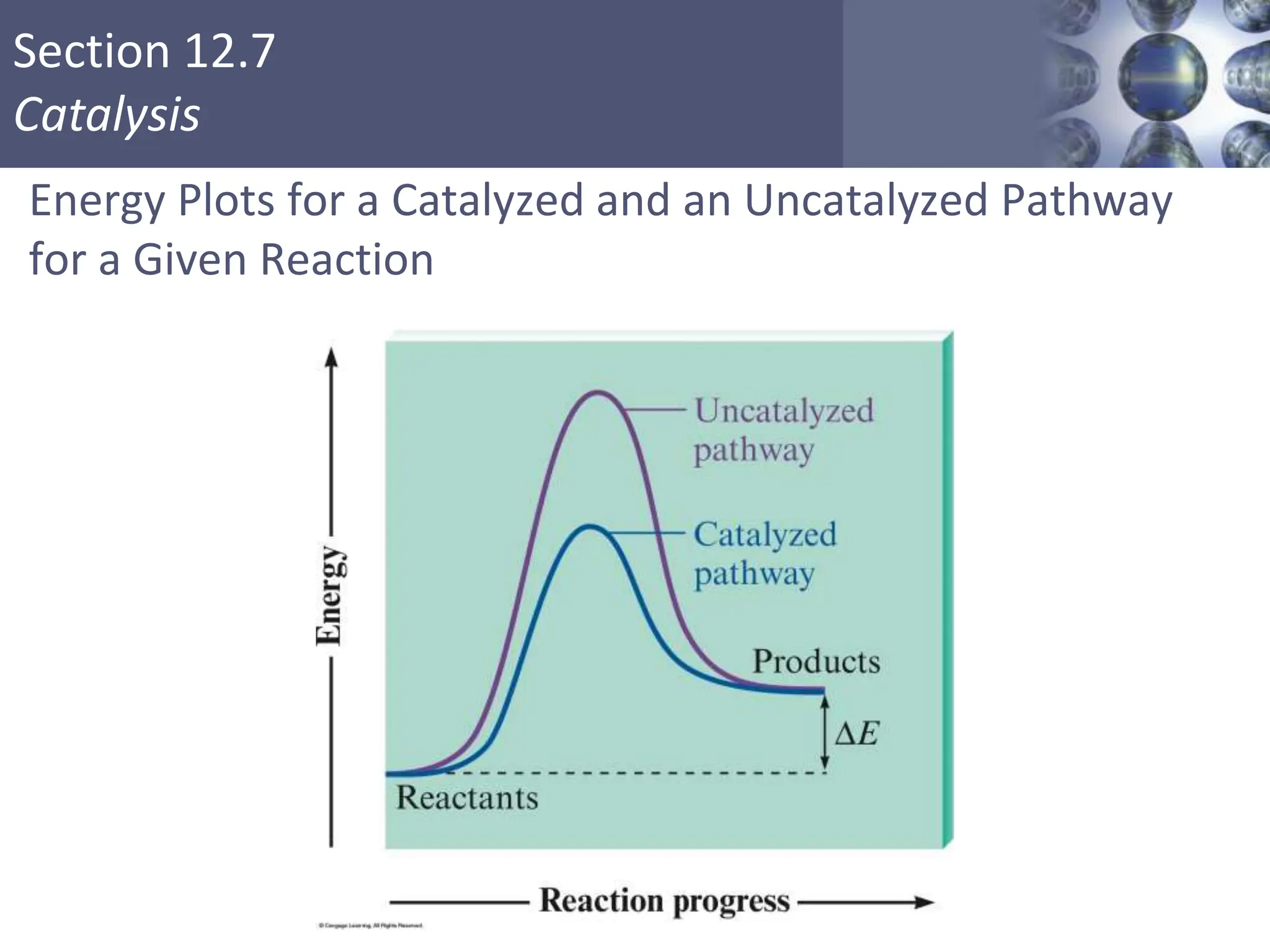 Section 12.7
Catalysis
Energy Plots for a Catalyzed and an Uncatalyzed Pathway
for a Given Reaction
Copyright © Cengage Learning. All rights reserved 50
 
