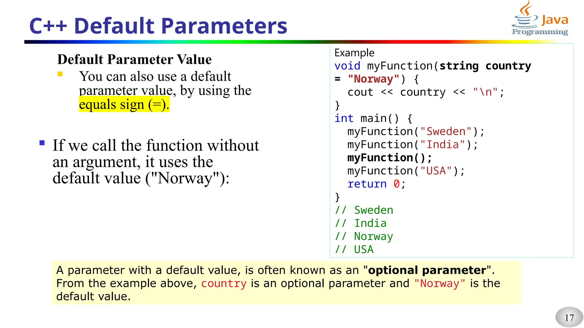 17
C++ Default Parameters
Default Parameter Value
 You can also use a default
parameter value, by using the
equals sign (=).

If we call the function without
an argument, it uses the
default value ("Norway"):
Example
void myFunction(string country
= "Norway") {
cout << country << "n";
}
int main() {
myFunction("Sweden");
myFunction("India");
myFunction();
myFunction("USA");
return 0;
}
// Sweden
// India
// Norway
// USA
A parameter with a default value, is often known as an "optional parameter".
From the example above, country is an optional parameter and "Norway" is the
default value.
 