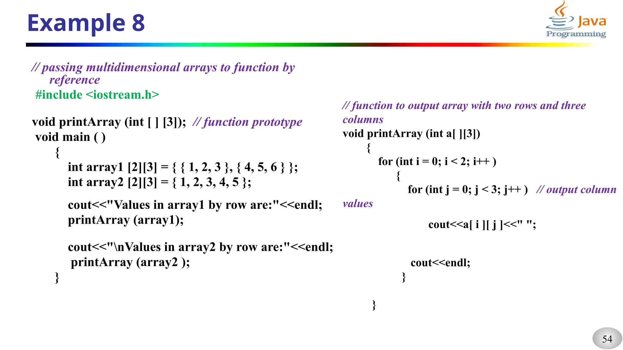 54
Example 8
// passing multidimensional arrays to function by
reference
#include <iostream.h>
void printArray (int [ ] [3]); // function prototype
void main ( )
{
int array1 [2][3] = { { 1, 2, 3 }, { 4, 5, 6 } };
int array2 [2][3] = { 1, 2, 3, 4, 5 };
cout<<"Values in array1 by row are:"<<endl;
printArray (array1);
cout<<"nValues in array2 by row are:"<<endl;
printArray (array2 );
}
// function to output array with two rows and three
columns
void printArray (int a[ ][3])
{
for (int i = 0; i < 2; i++ )
{
for (int j = 0; j < 3; j++ ) // output column
values
cout<<a[ i ][ j ]<<" ";
cout<<endl;
}
}
 