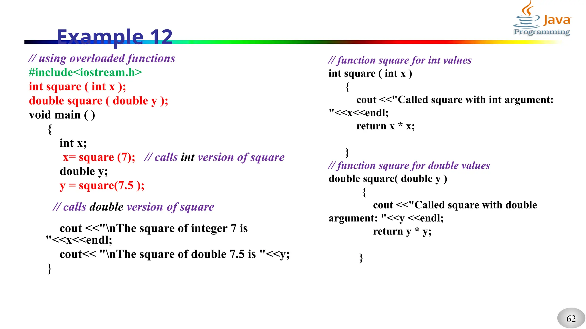 62
Example 12
// using overloaded functions
#include<iostream.h>
int square ( int x );
double square ( double y );
void main ( )
{
int x;
x= square (7); // calls int version of square
double y;
y = square(7.5 );
// calls double version of square
cout <<"nThe square of integer 7 is
"<<x<<endl;
cout<< "nThe square of double 7.5 is "<<y;
}
// function square for int values
int square ( int x )
{
cout <<"Called square with int argument:
"<<x<<endl;
return x * x;
}
// function square for double values
double square( double y )
{
cout <<"Called square with double
argument: "<<y <<endl;
return y * y;
}
 