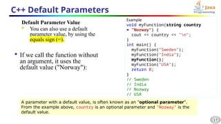 17
C++ Default Parameters
Default Parameter Value
 You can also use a default
parameter value, by using the
equals sign (=).

If we call the function without
an argument, it uses the
default value ("Norway"):
Example
void myFunction(string country
= "Norway") {
cout << country << "n";
}
int main() {
myFunction("Sweden");
myFunction("India");
myFunction();
myFunction("USA");
return 0;
}
// Sweden
// India
// Norway
// USA
A parameter with a default value, is often known as an "optional parameter".
From the example above, country is an optional parameter and "Norway" is the
default value.
 
