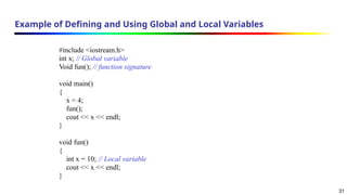 31
Example of Defining and Using Global and Local Variables
#include <iostream.h>
int x; // Global variable
Void fun(); // function signature
void main()
{
x = 4;
fun();
cout << x << endl;
}
void fun()
{
int x = 10; // Local variable
cout << x << endl;
}
 