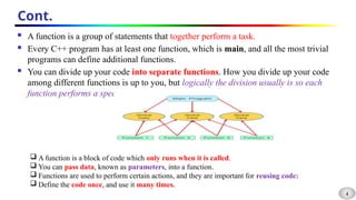 4
Cont.
 A function is a group of statements that together perform a task.
 Every C++ program has at least one function, which is main, and all the most trivial
programs can define additional functions.
 You can divide up your code into separate functions. How you divide up your code
among different functions is up to you, but logically the division usually is so each
function performs a specific task.
 A function is a block of code which only runs when it is called.
 You can pass data, known as parameters, into a function.
 Functions are used to perform certain actions, and they are important for reusing code:
 Define the code once, and use it many times.
 