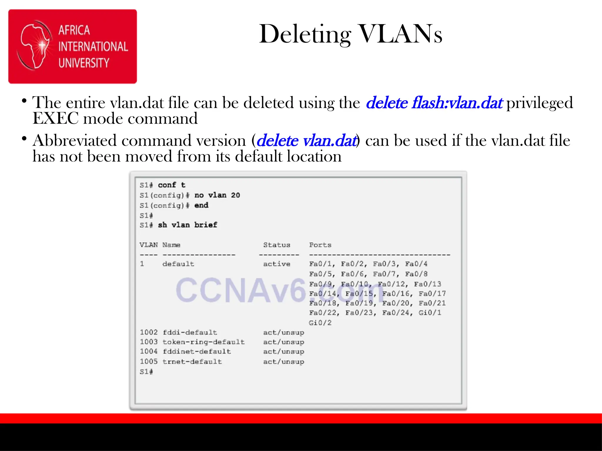 Deleting VLANs
• The entire vlan.dat file can be deleted using the delete flash:vlan.dat privileged
EXEC mode command
• Abbreviated command version (delete vlan.dat) can be used if the vlan.dat file
has not been moved from its default location
 