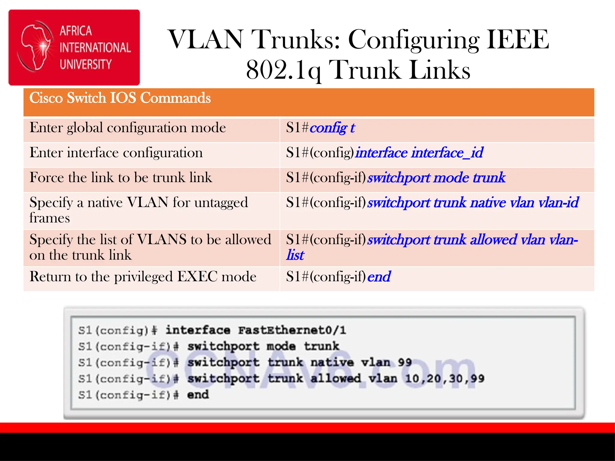 VLAN Trunks: Configuring IEEE
802.1q Trunk Links
Cisco Switch IOS Commands
Enter global configuration mode S1#config t
Enter interface configuration S1#(config)interface interface_id
Force the link to be trunk link S1#(config-if)switchport mode trunk
Specify a native VLAN for untagged
frames
S1#(config-if)switchport trunk native vlan vlan-id
Specify the list of VLANS to be allowed
on the trunk link
S1#(config-if)switchport trunk allowed vlan vlan-
list
Return to the privileged EXEC mode S1#(config-if)end
 