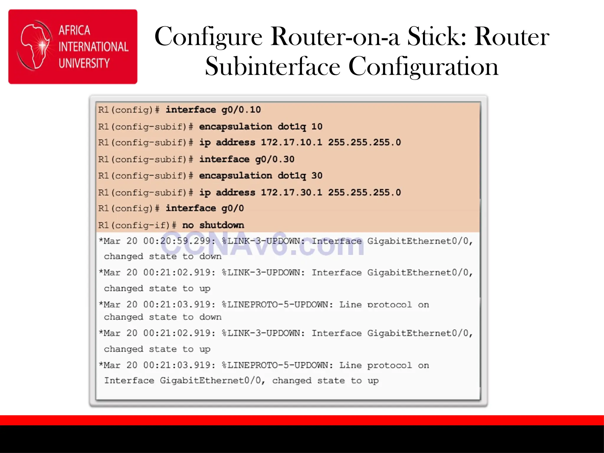 Configure Router-on-a Stick: Router
Subinterface Configuration
 
