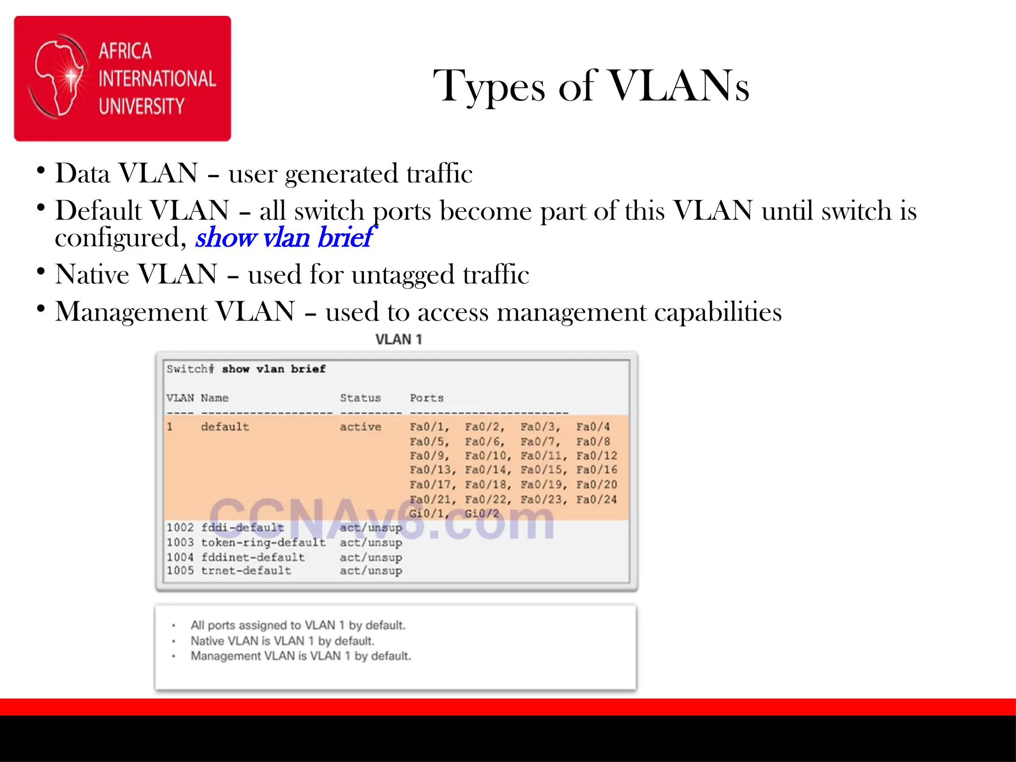 Types of VLANs
• Data VLAN – user generated traffic
• Default VLAN – all switch ports become part of this VLAN until switch is
configured, show vlan brief
• Native VLAN – used for untagged traffic
• Management VLAN – used to access management capabilities
 