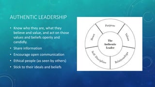 AUTHENTIC LEADERSHIP
• Know who they are, what they
believe and value, and act on those
values and beliefs openly and
candidly.
• Share information
• Encourage open communication
• Ethical people (as seen by others)
• Stick to their ideals and beliefs
 