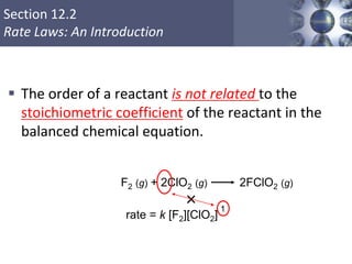 Section 12.2
Rate Laws: An Introduction
×
 The order of a reactant is not related to the
stoichiometric coefficient of the reactant in the
balanced chemical equation.
F2 (g) + 2ClO2 (g) 2FClO2 (g)
rate = k [F2][ClO2]
1
 