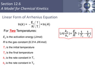 Section 12.6
A Model for Chemical Kinetics
Linear Form of Arrhenius Equation
49
 a
E 1
ln( ) = ln
R T
 
  
 
k + A
For Two Temperatures:
= ( - )
Ea
R
1
T2
1
T1
Ln( )
k2
k1Ea is the activation energy (J/mol)
R is the gas constant (8.314 J/K•mol)
T1 is the initial temperature
T2 is the final temperature
k1 is the rate constant in T1
k2 is the rate constant in T2
 