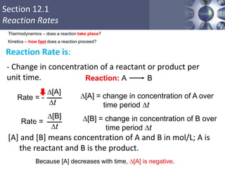 Section 12.1
Reaction Rates
5
Reaction Rate is:
- Change in concentration of a reactant or product per
unit time. Reaction: A B
Rate =
D[B]
Dt
Thermodynamics – does a reaction take place?
Kinetics – how fast does a reaction proceed?
Rate = -
D[A]
Dt
D[A] = change in concentration of A over
time period Dt
D[B] = change in concentration of B over
time period Dt
Because [A] decreases with time, D[A] is negative.
[A] and [B] means concentration of A and B in mol/L; A is
the reactant and B is the product.
 